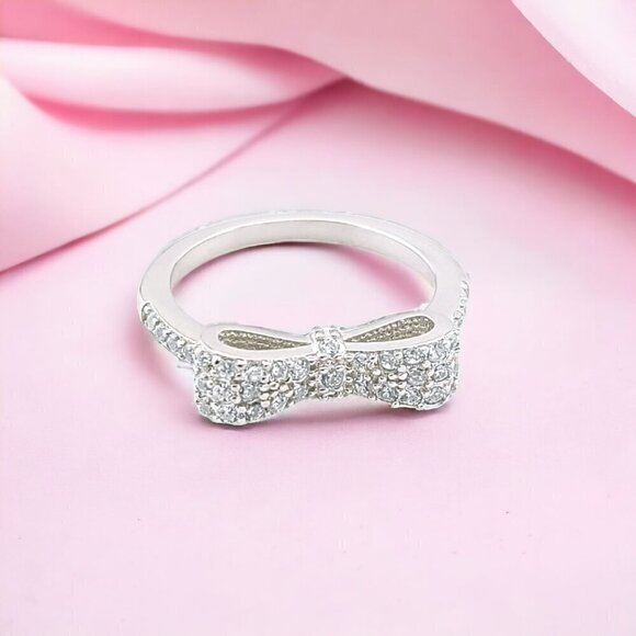NWT Fashion Women's 925 Sterling Silver Clear Stone CZ Bow Tie Ring - Picture 4 of 6